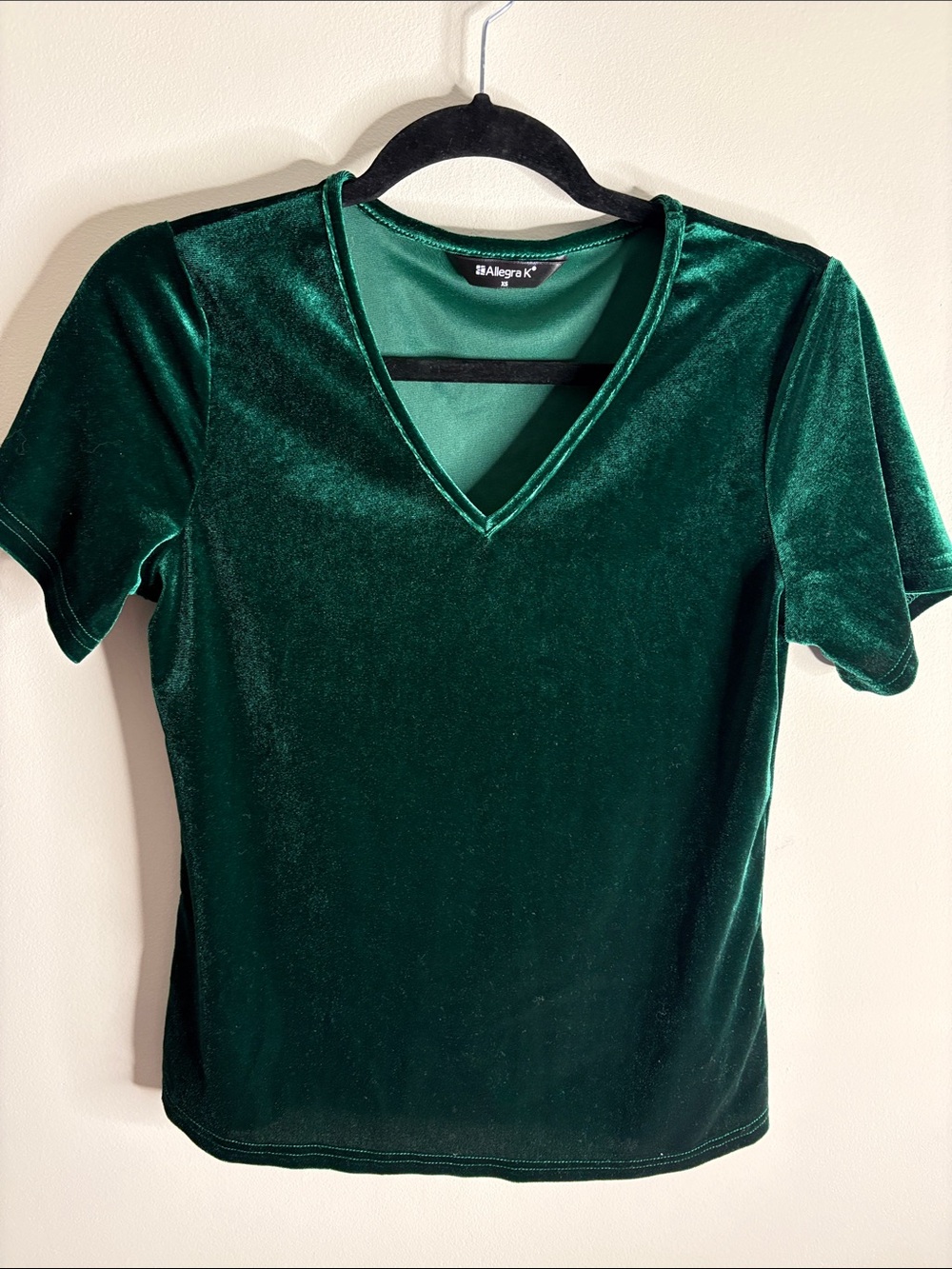 Allegra K Shimmery Velvet V-Neck Short Sleeve Top - Green